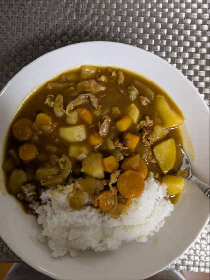 真夏にさっぱりしたカレーライスが食べたくて作りました。カレールーを少なめにして、サラッと仕上げて、盛り付けた後に塩コショウを振りました。元気が出る美味さ！！