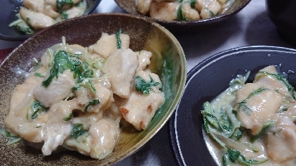 鶏むね肉と水菜の味噌マヨ炒め♪