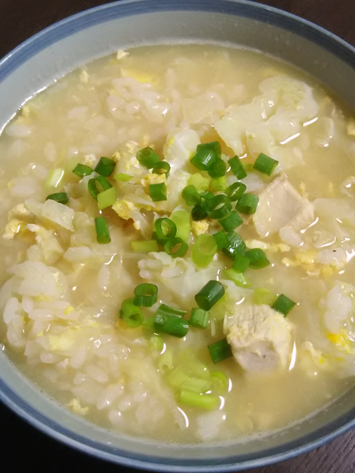キャベツと鶏むね肉の卵雑炊(^^)