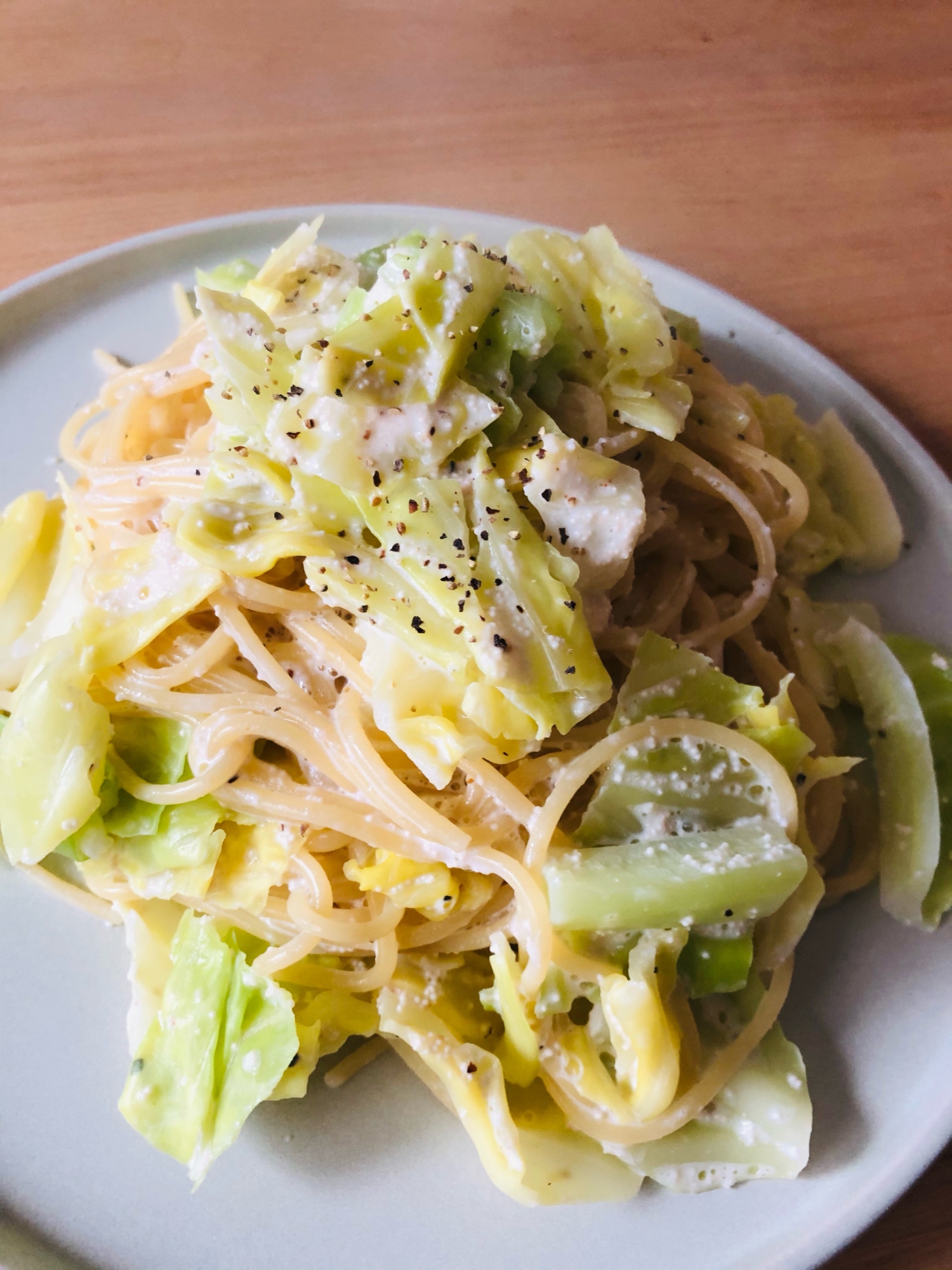 キャベツと辛子明太子のクリームパスタ