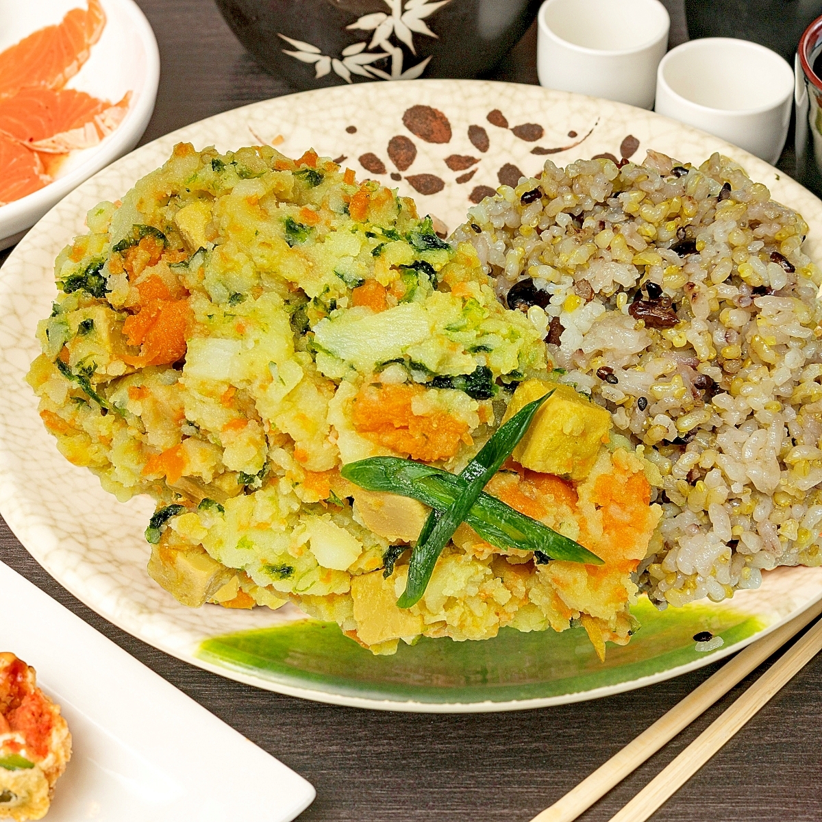 圧力IH炊飯器で味噌漬チーポテサラと雑穀米プレート