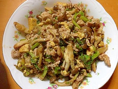 豚肉と豆腐とワサビ菜と玉ねぎとしめじのカレー炒め