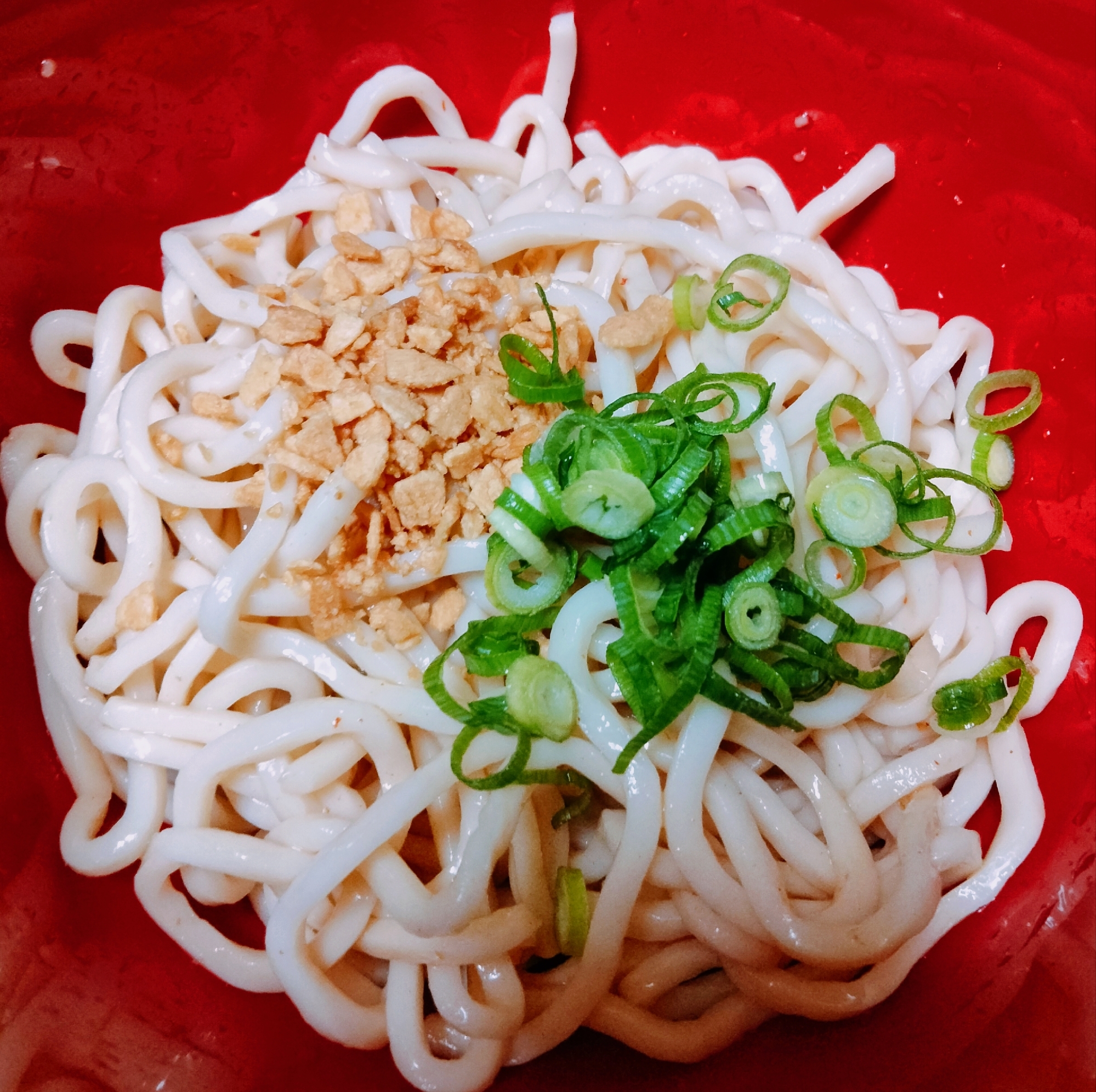 豆板醤で！ピリ辛冷うどんフライドガーリックと葱添え