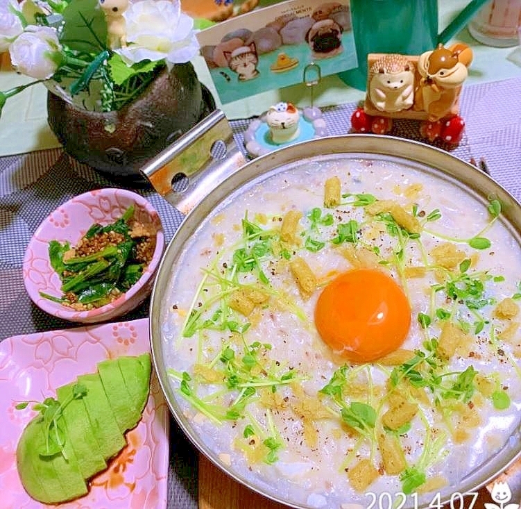 新玉葱の豆乳じゃがりこカルボナーラリゾット