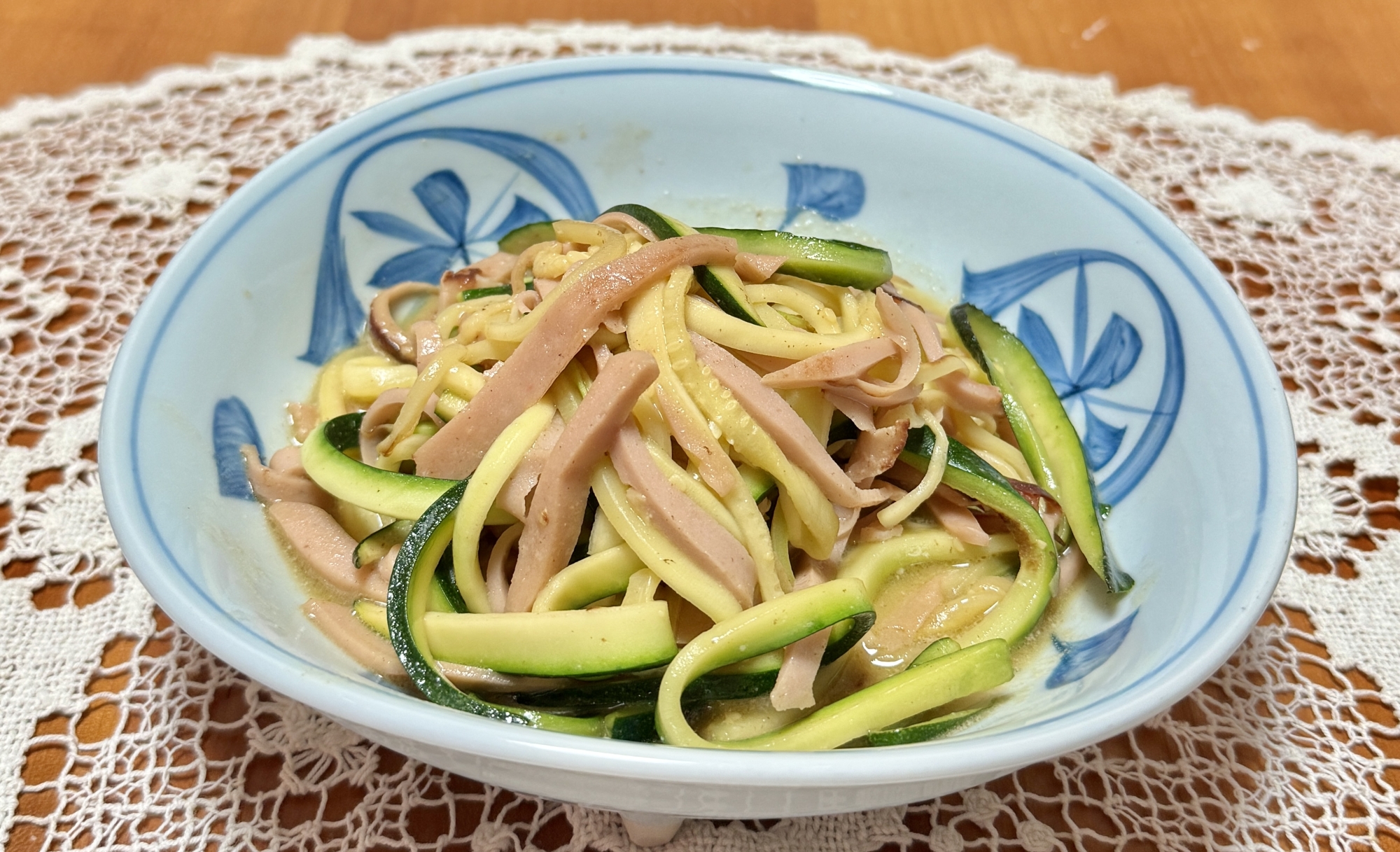 魚肉ソーセージとズッキーニの☆マヨ麺つゆ炒め