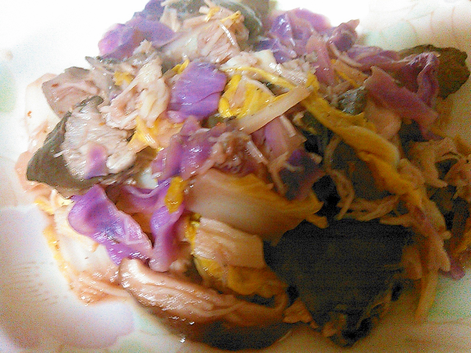 紫キャベツ椎茸あわびたけ白菜とほたての中華風