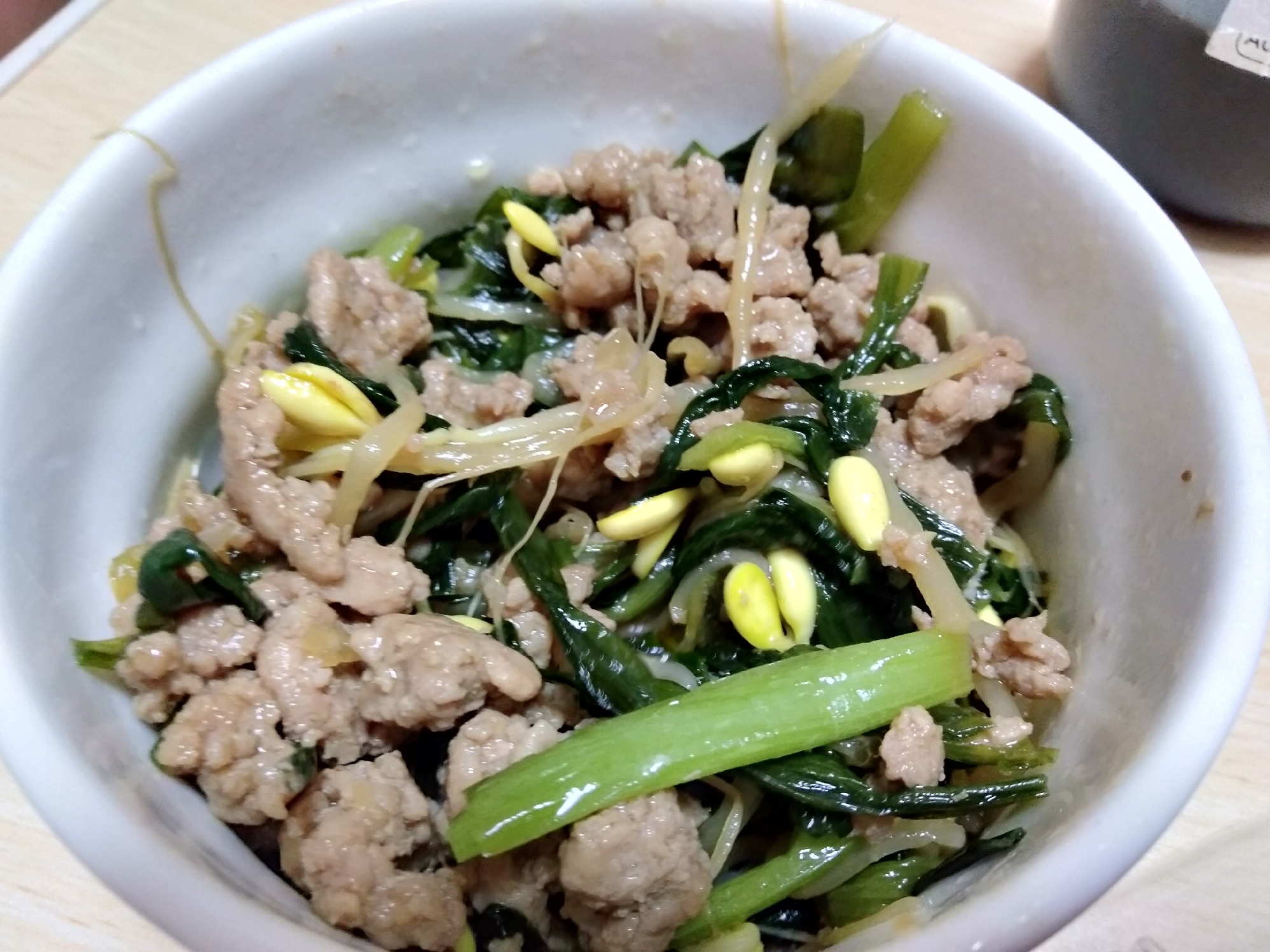 豆もやしのひき肉ほうれん草炒め