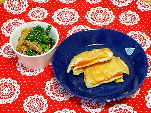 うちのおかず「あげ煮」（卵巾着、お浸し、卵とじに）