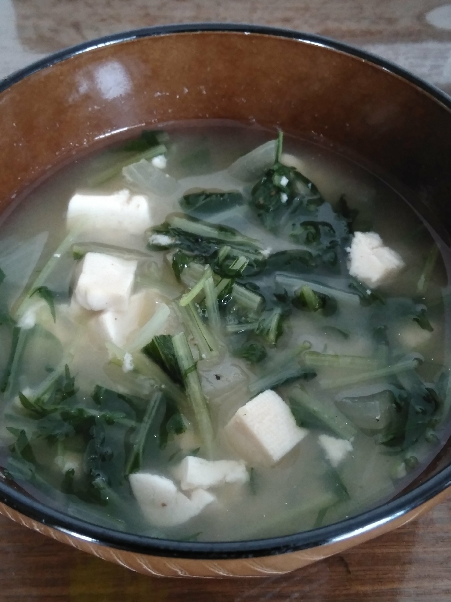 水菜と豆腐と玉ねぎの味噌汁