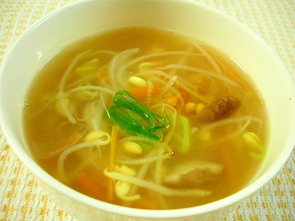 豆もやしと人参と長ねぎの中華風スープ