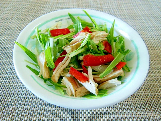 鶏ハムと水菜と赤パプリカのフレンチサラダ♪