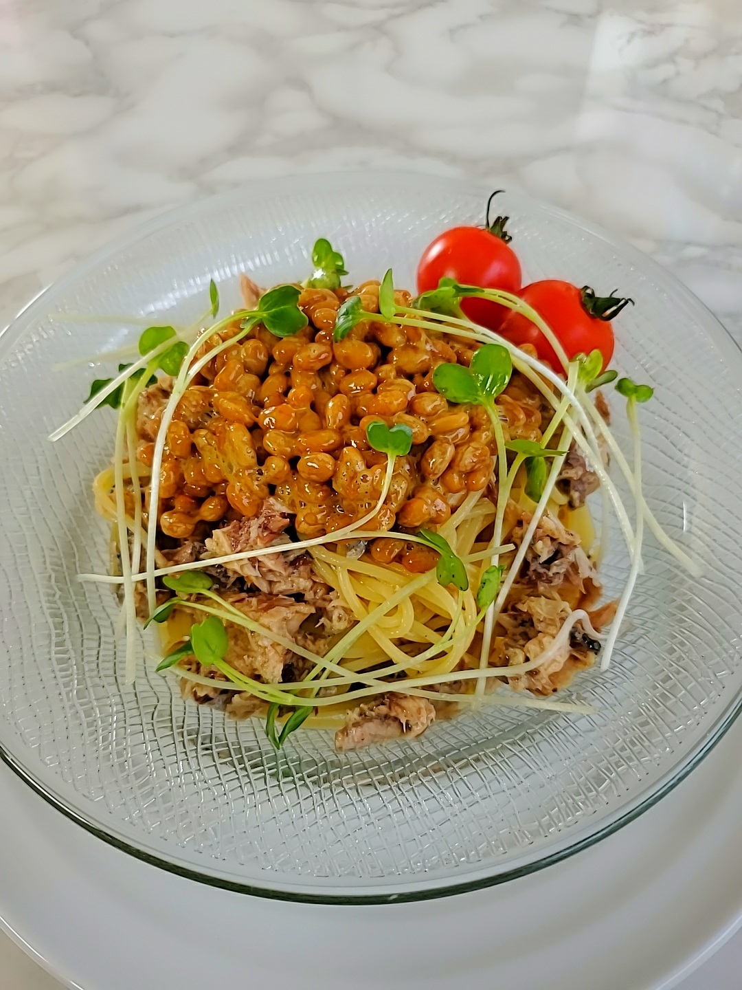 鯖缶と納豆の冷製フェデリーニ