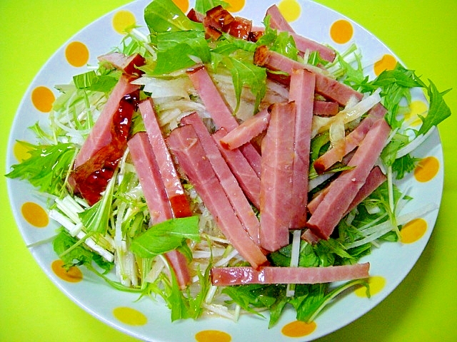 辛子でピリッと☆大根と焼き豚水菜のサラダ