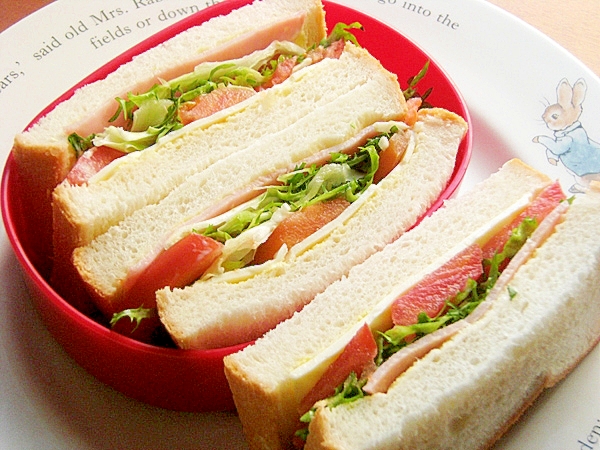 丸皿に盛り付けたエンダイブとハムチーズサンドイッチ