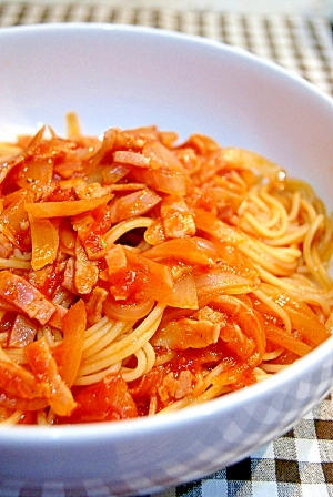 ベーコン 玉ねぎ きのこのトマトソースパスタ レシピ 作り方 By Cota Cota 楽天レシピ