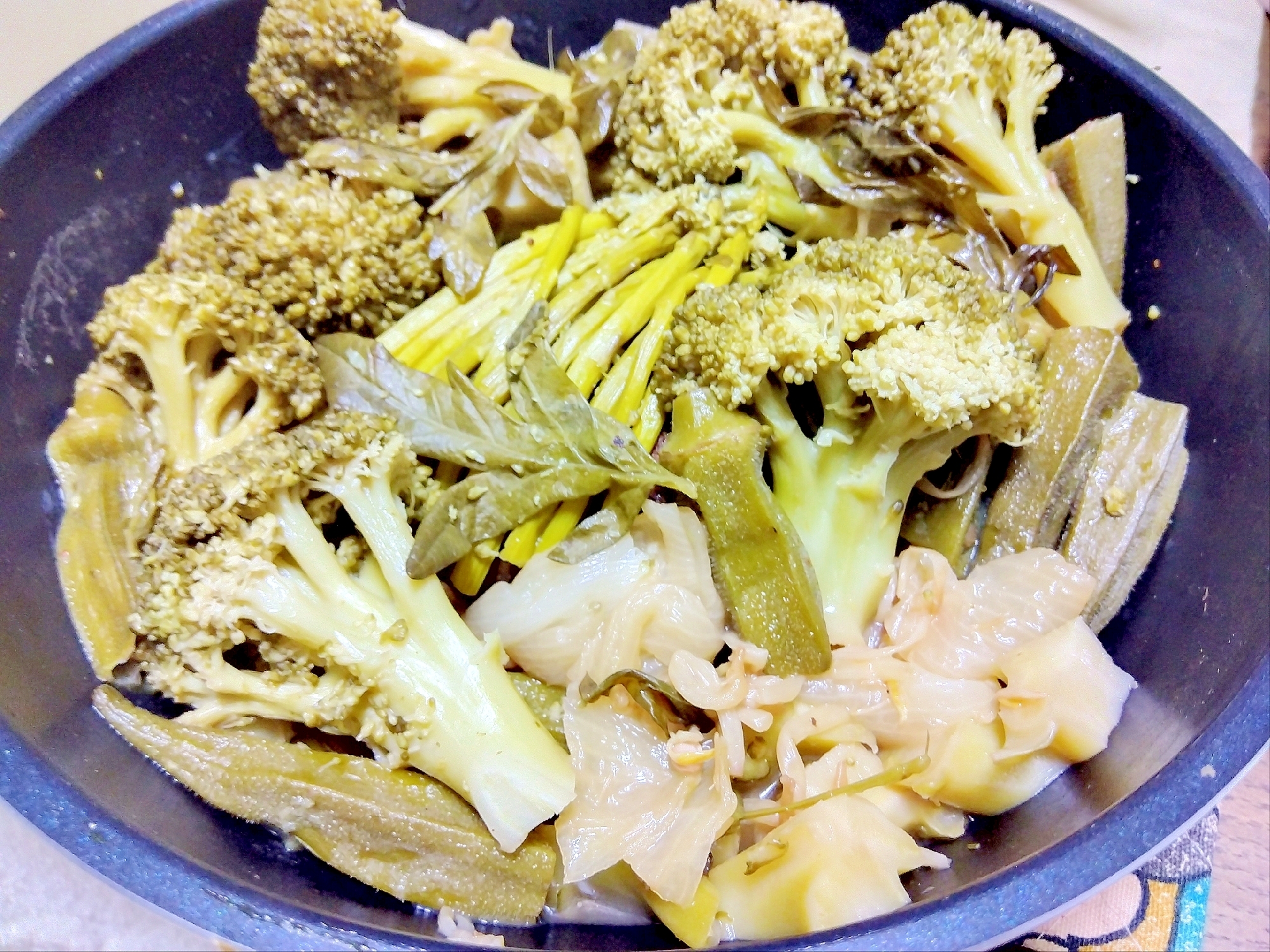 アスパラもやしフーチバー玉葱ブロッコリーオクラ蒸煮