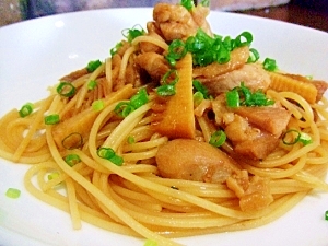 筍(タケノコ)と鶏肉の和風パスタ