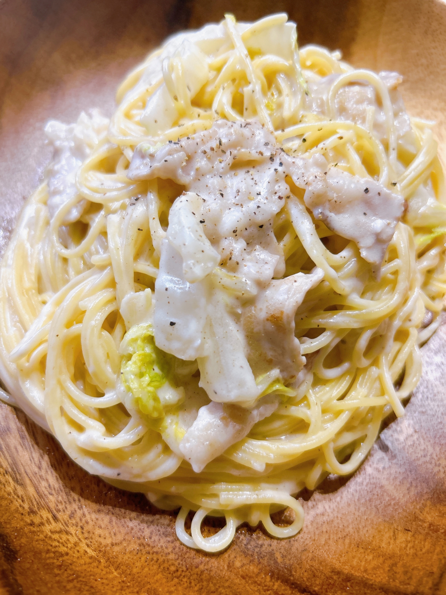 白菜と豚バラのクリームパスタ