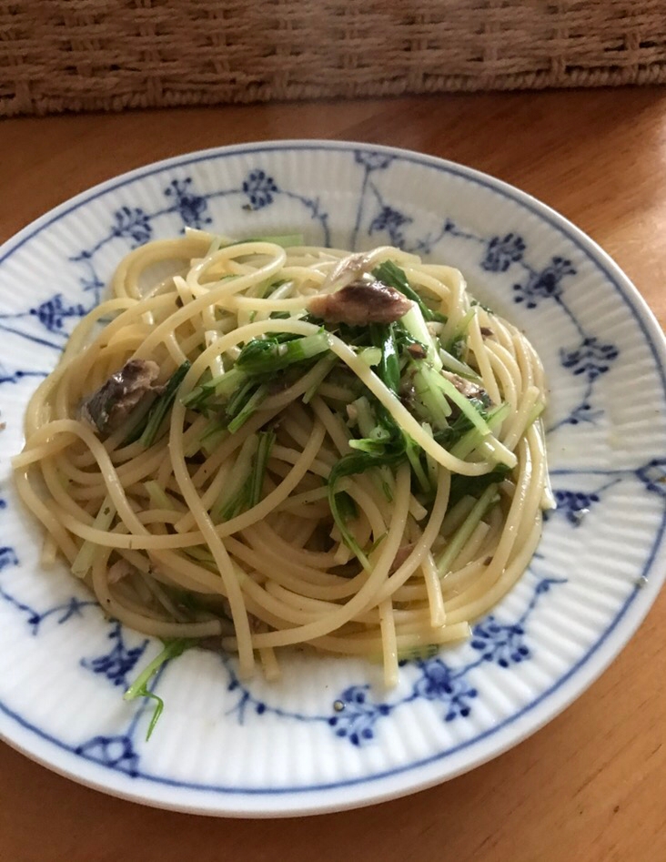 水菜とオイルサーディンのパスタ