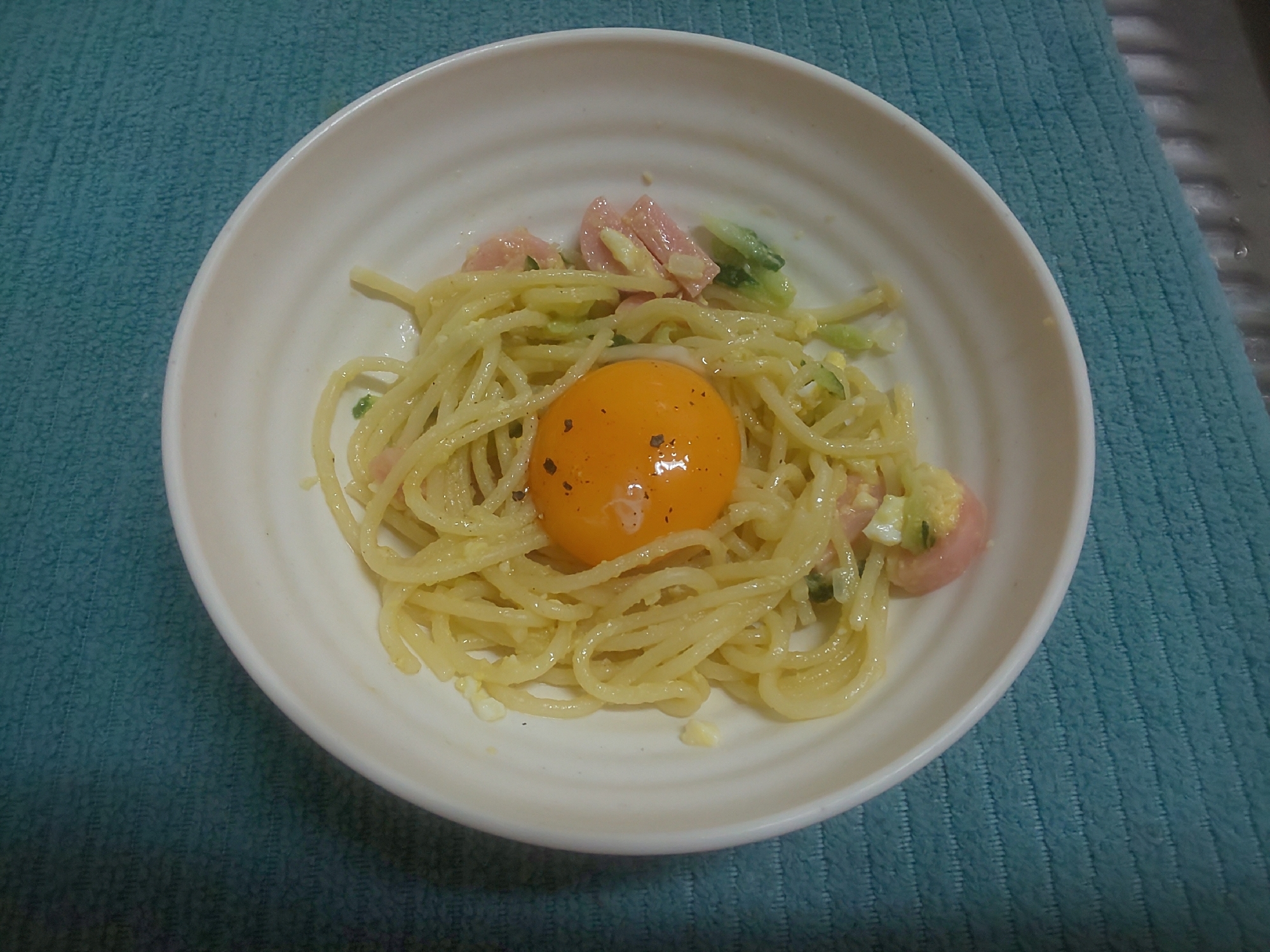 スパサラリメイク♪釜玉パスタ