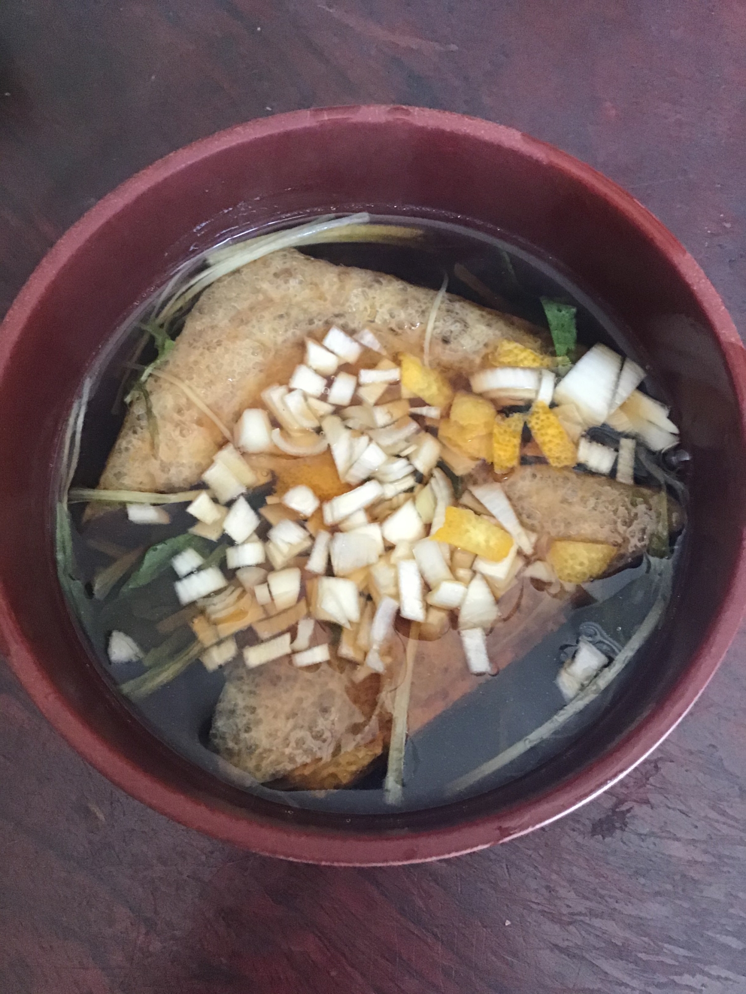 薬味たっぷり揚げと水菜の麺つゆ吸い物。