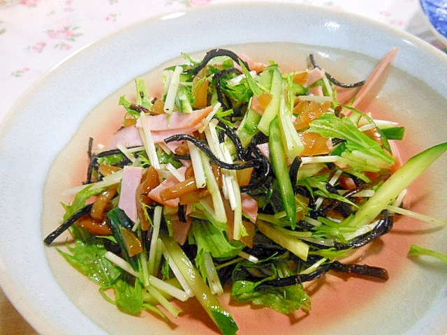 野菜とひじき、ハムのなめこの醤油漬け和え