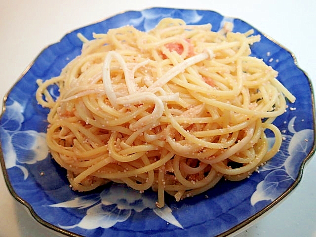 追いがつおつゆで　辛子明太子とえのき茸のパスタ