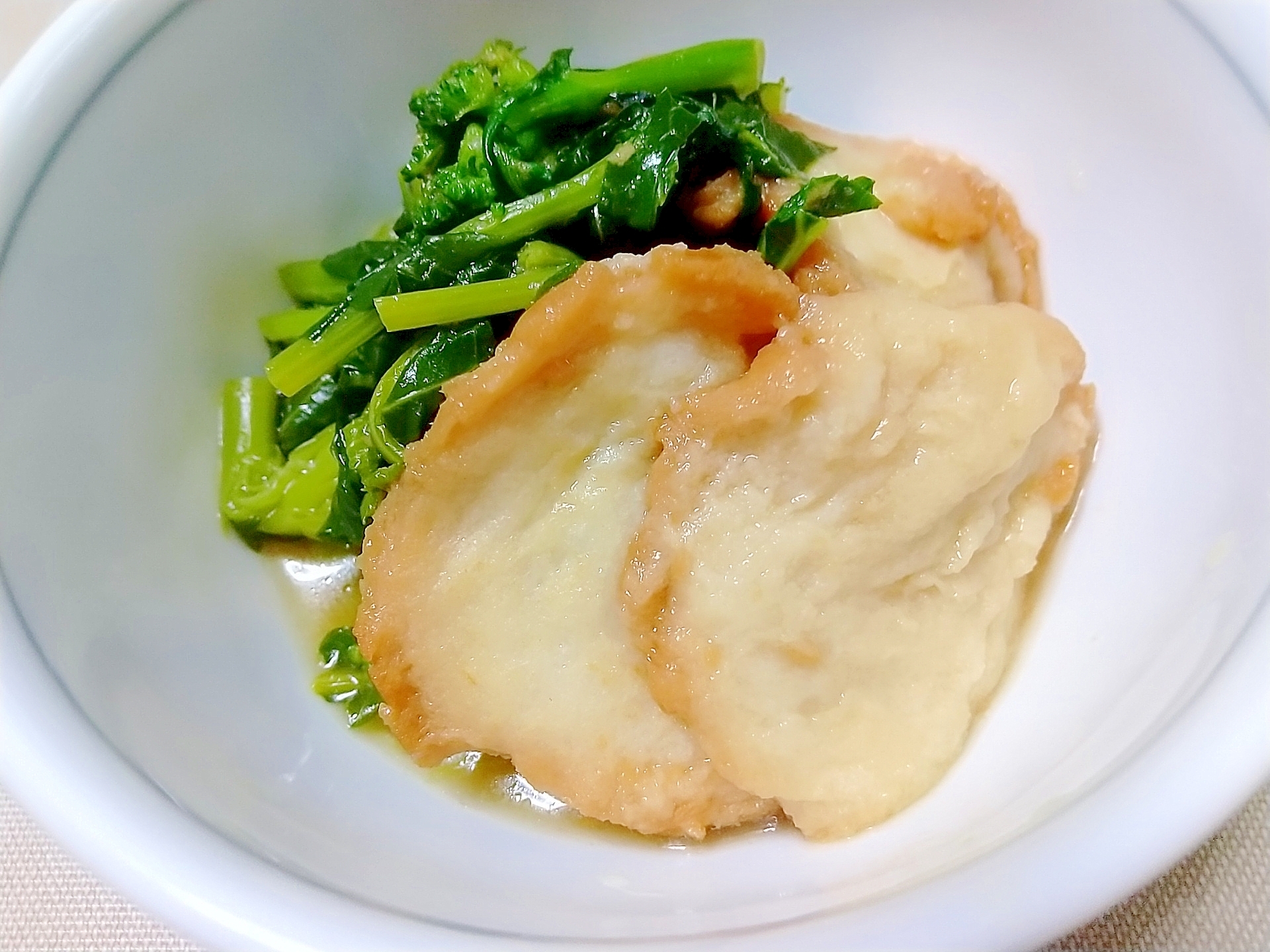 鍋におまかせ、かき菜とあげ麩の簡単煮物