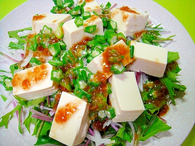 豆腐と大根おくら紫水菜の梅サラダ