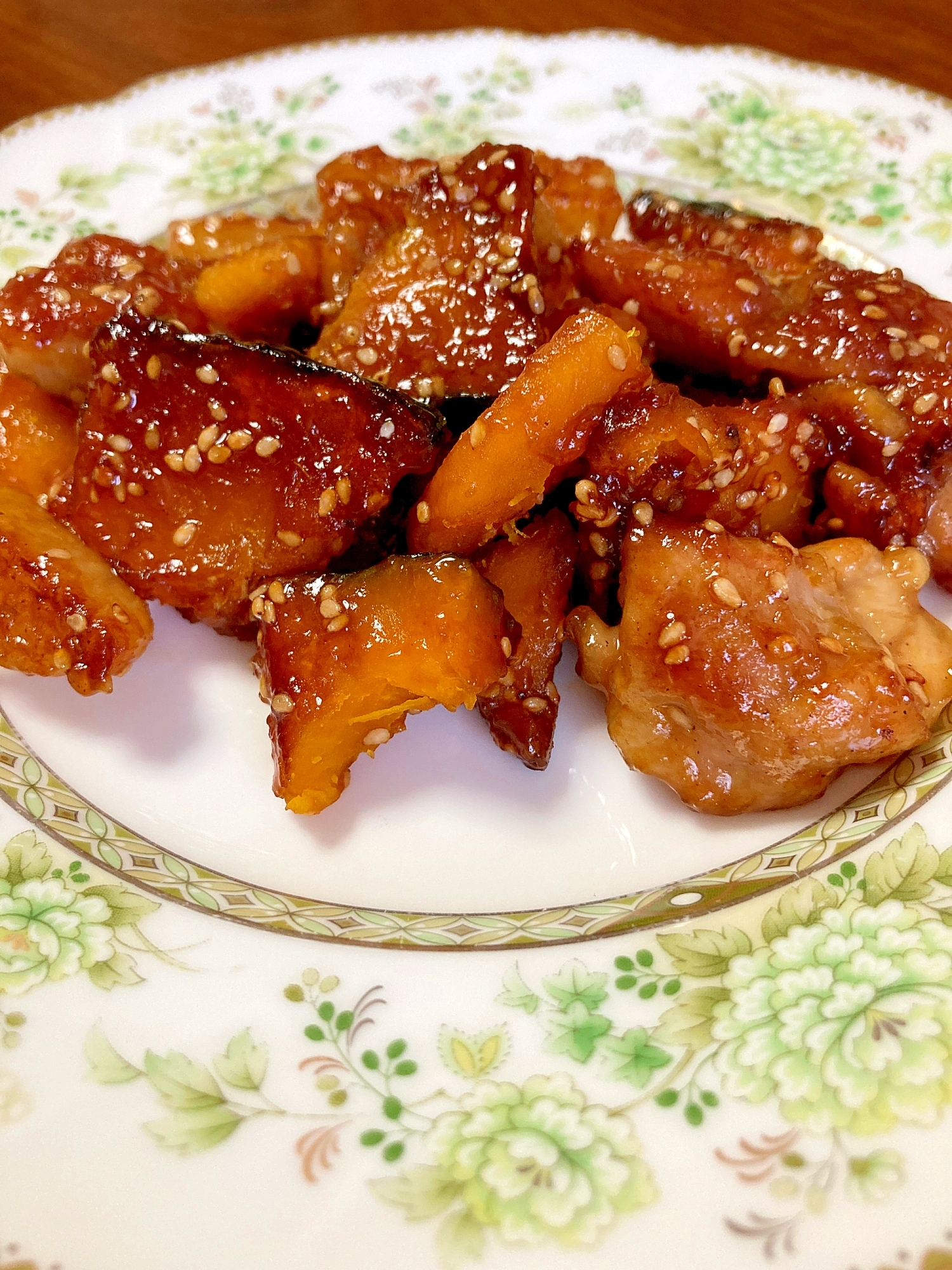 鶏肉、かぼちゃ、山芋の甘辛炒め