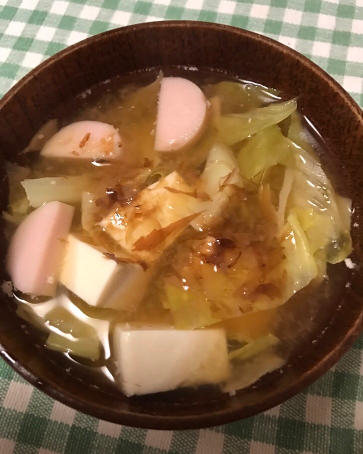 魚ニソとキャベツ、絹豆腐の生姜味噌汁