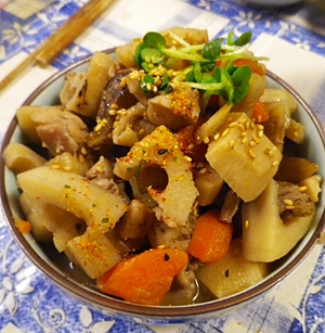 鶏椎茸根菜の簡単麺つゆ煮