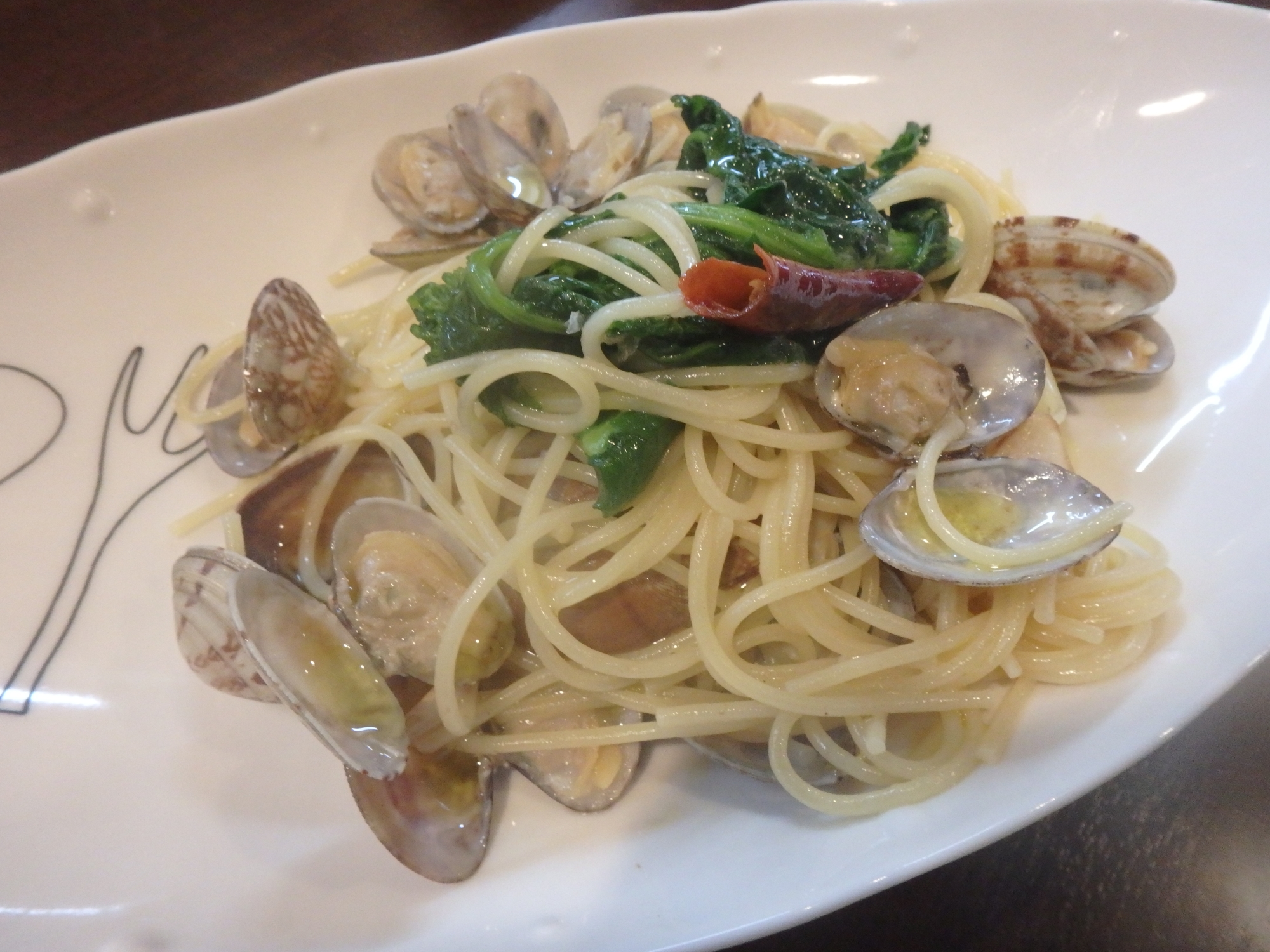 水漬けパスタの菜の花入りボンゴレビアンコ