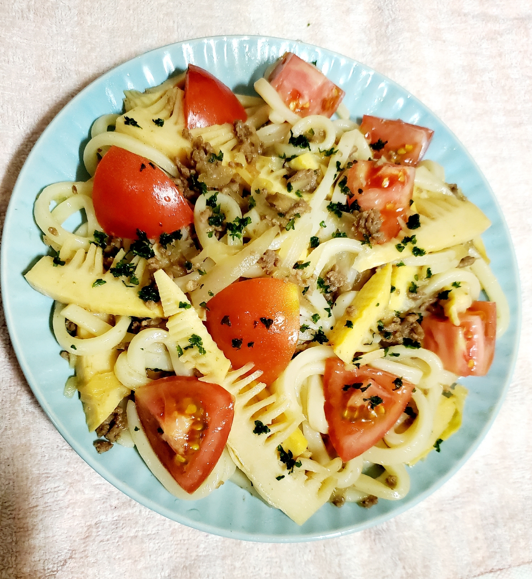 たけのことトマトの洋風☆肉うどん