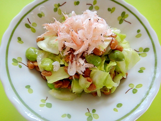 キャベツと茶豆あみえびの納豆和え