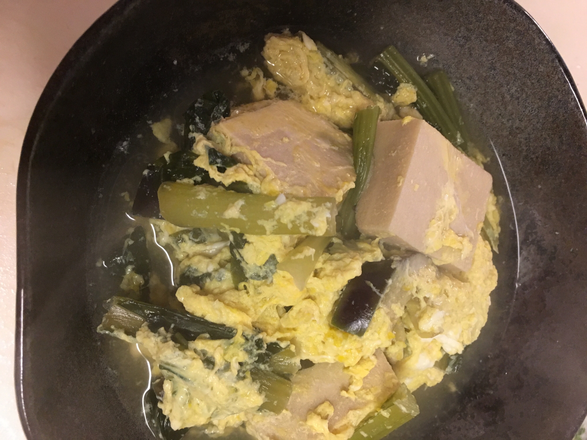 高野豆腐と小松菜とナスの卵とじ