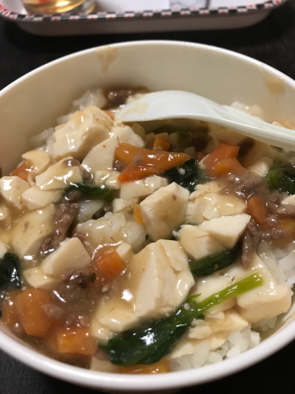 5歳子供用に麻婆丼にしてみました。野菜もたくさんとれて、家で作れるなんてステキです。