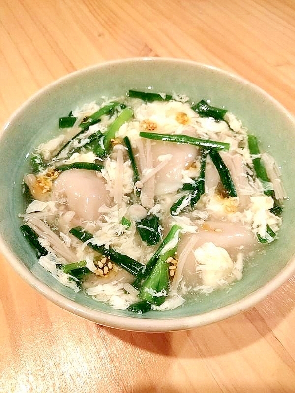 ニラたっぷり♪かきたまスープの水餃子(市販品使用)