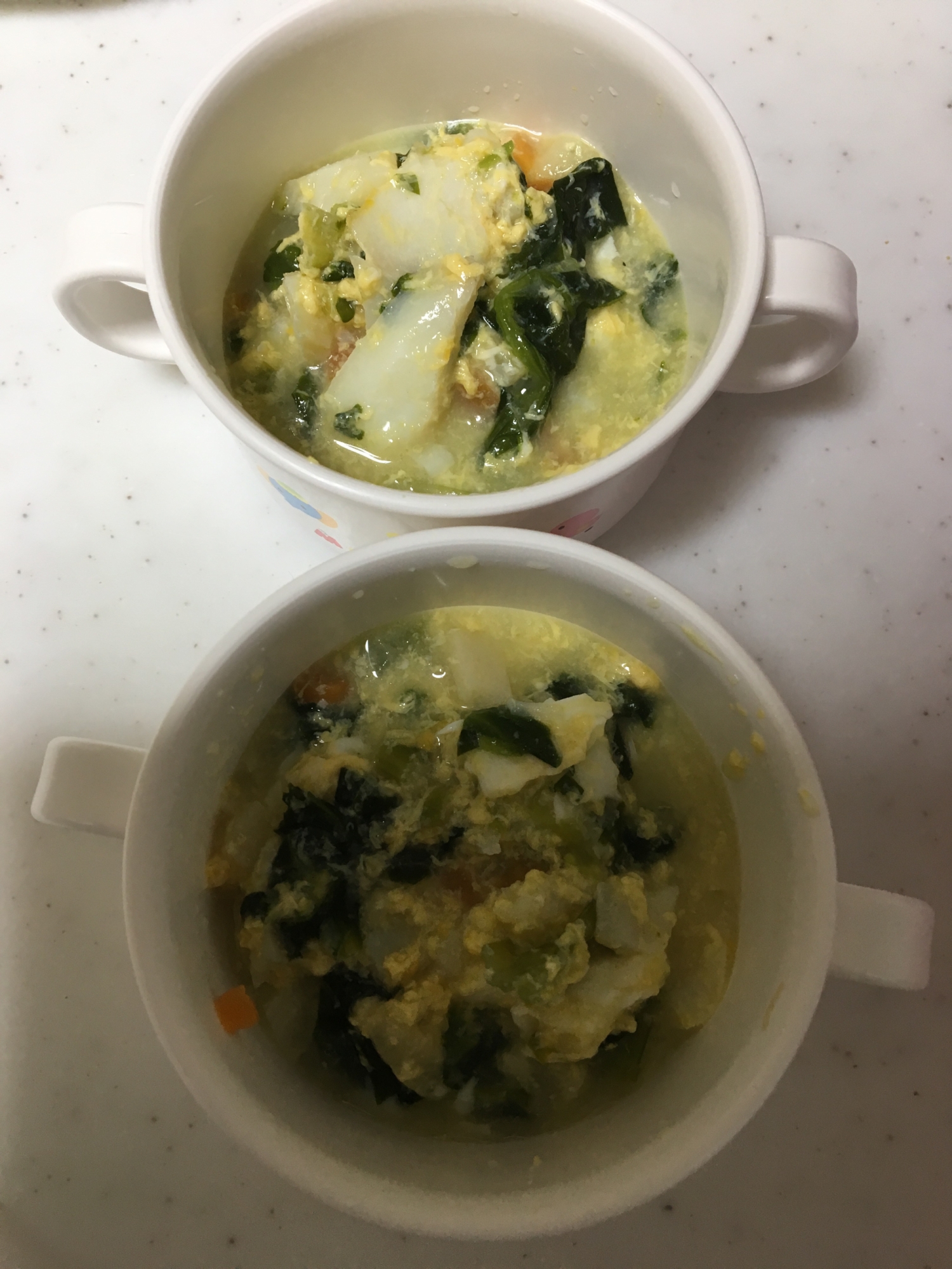 離乳食完了期☆タラと小松菜とほうれん草の玉子スープ