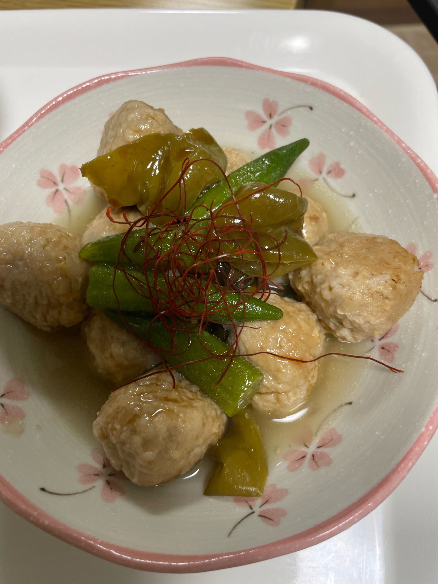 鶏団子オクラの煮物(茅乃舎だししょうが)