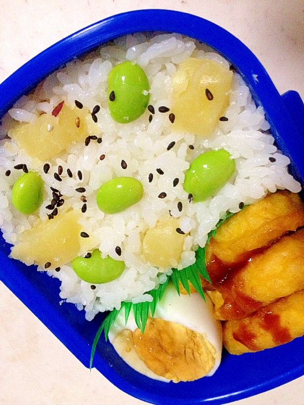 時短弁当☆薩摩芋・枝豆ご飯とチキンナゲット