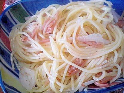 「おかか梅なめ茸と新玉のパスタ」　　　　♪♪