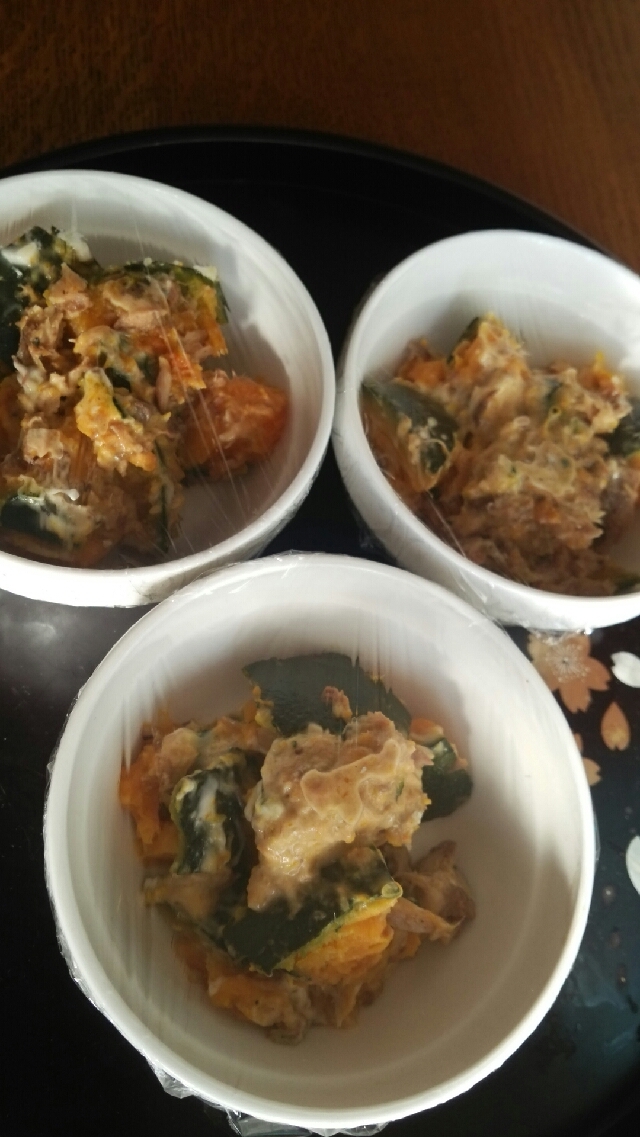 かぼちゃとさば缶(味噌味)のマヨ和え