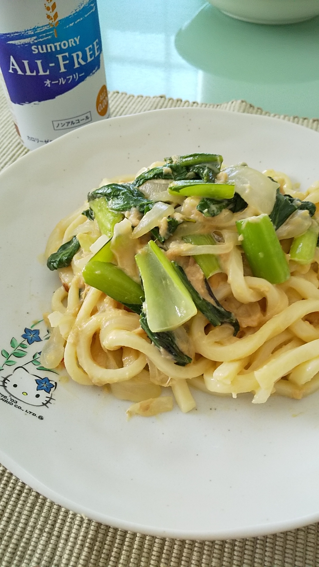 チンゲン菜とツナの焼きうどん