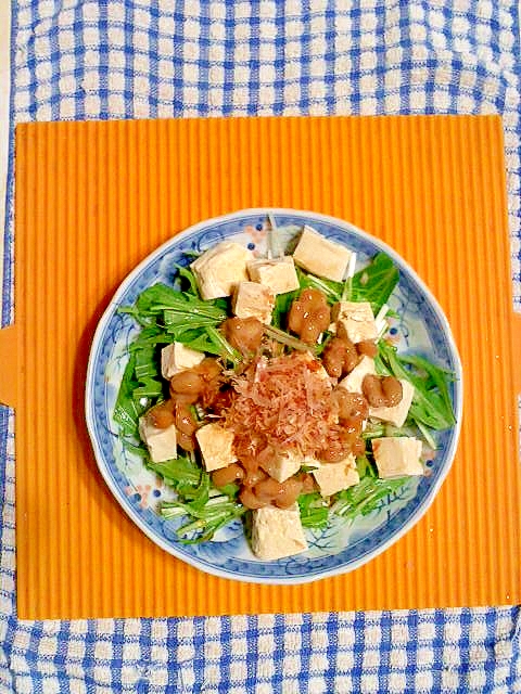 水菜と豆腐と納豆のサラダ♪