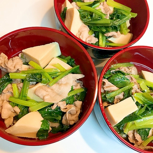 小松菜と高野豆腐と豚バラ肉の☆シンプルダシ煮