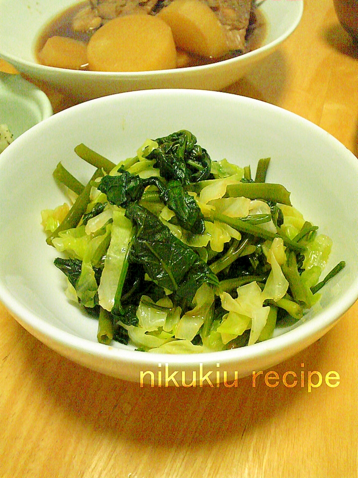 簡単おいしい！空芯菜とキャベツのめんつゆ和え