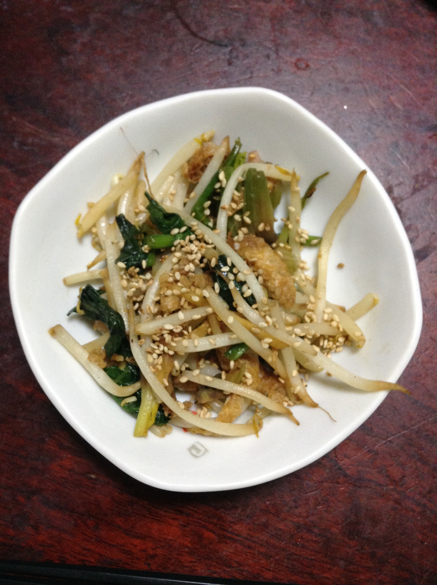 焼き肉のタレde菜の花とモヤシと油揚げの炒め物