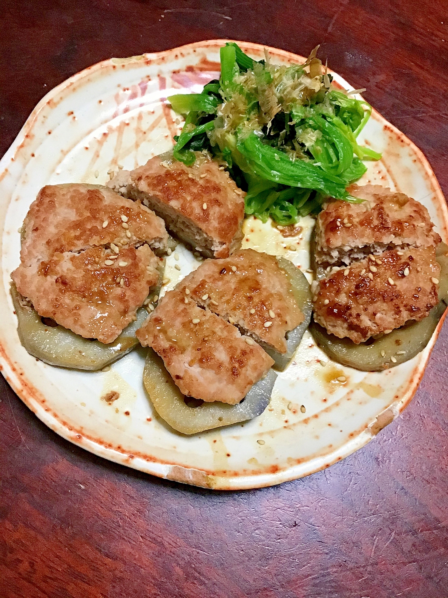 蓮根の豚肉詰め照り焼き。