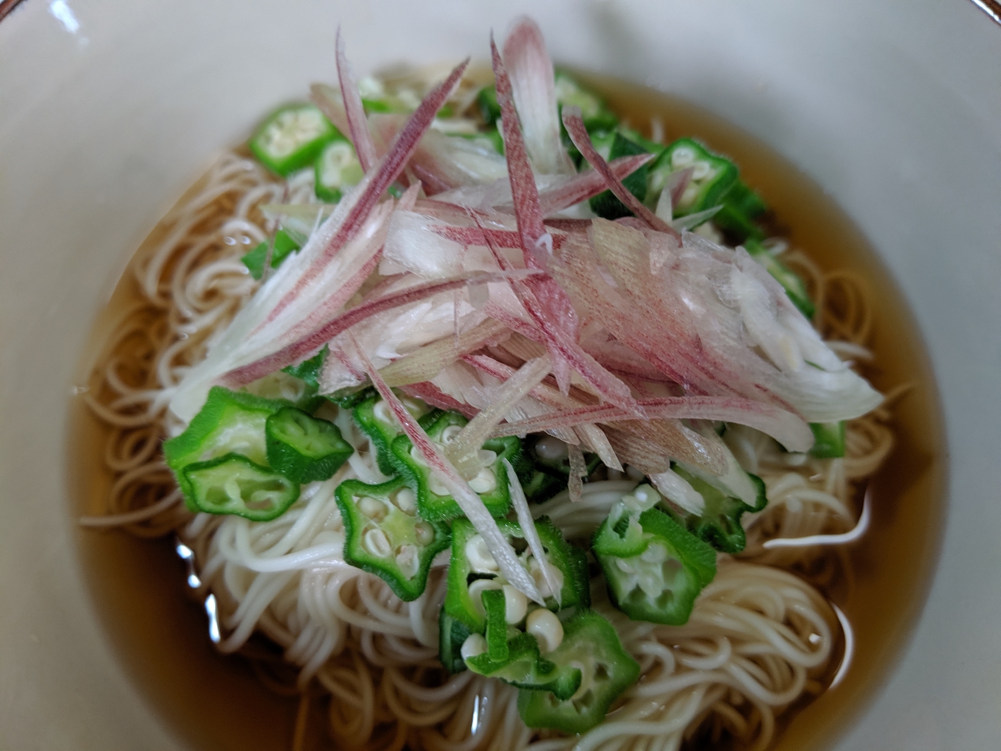 おくら、ミョウガの生姜風味ぶっかけ素麺